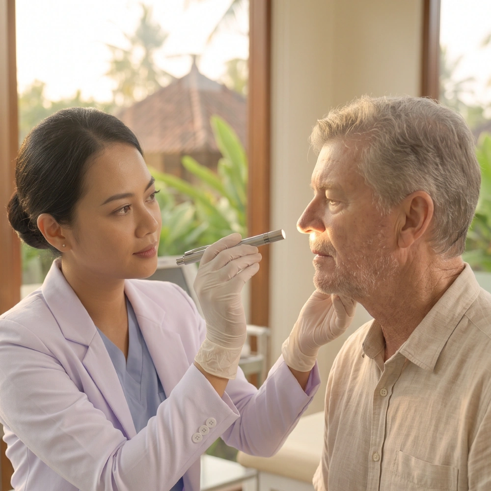 ENT specialist treating allergic rhinitis at a clinic in Bali