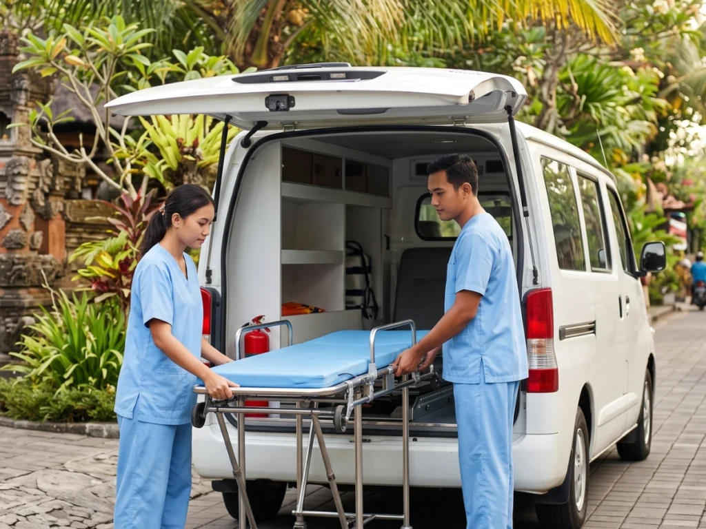 Medical crew preparing an ambulance for dispatch in Bali