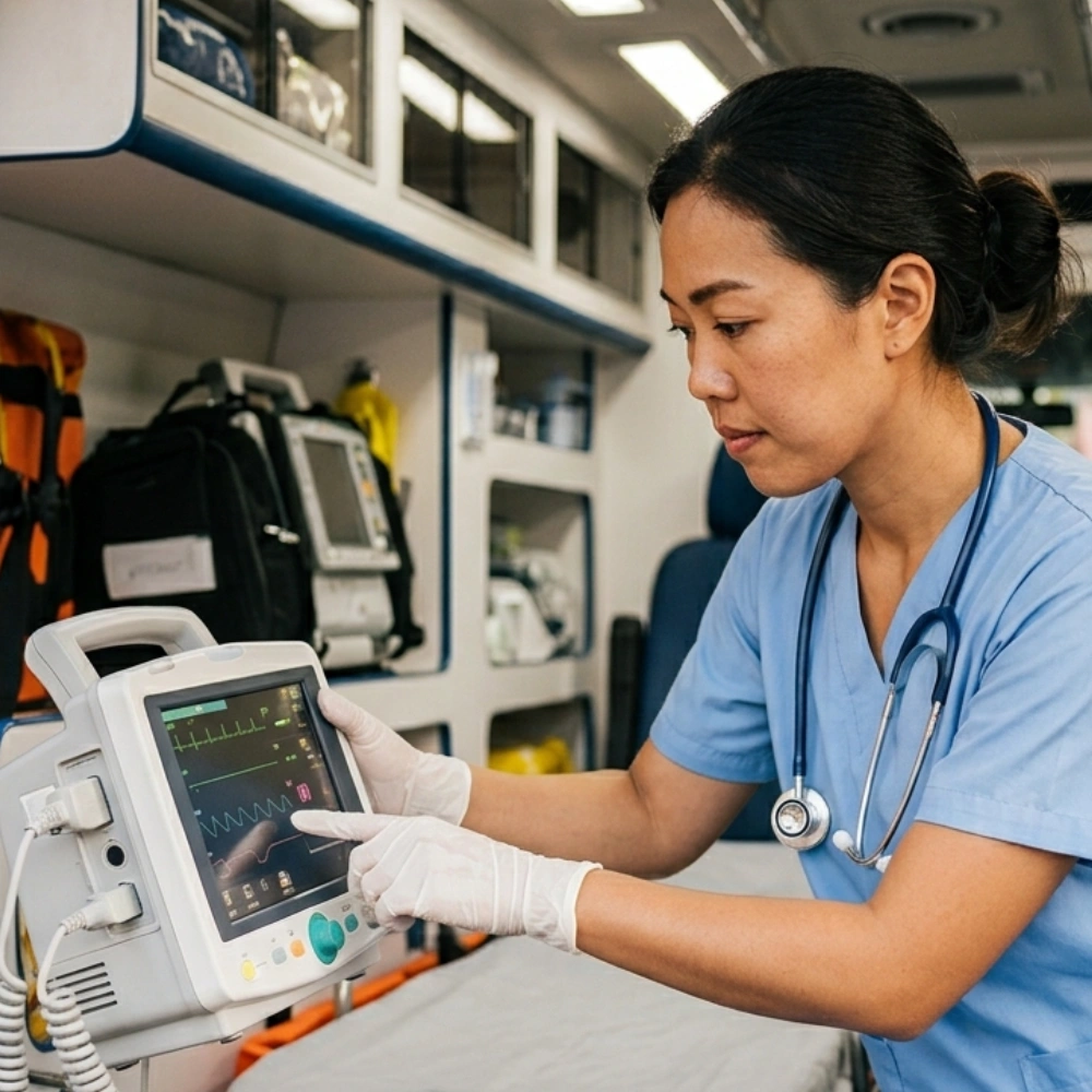 Trained medical crew monitoring a patient inside an ambulance in Bali