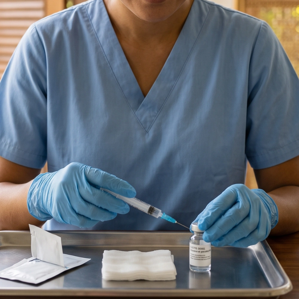 Doctor preparing animal bite treatment and vaccination in Bali