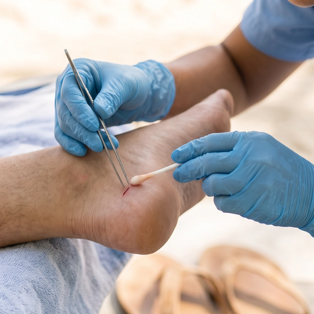 Doctor treating a beach-related cut in Bali