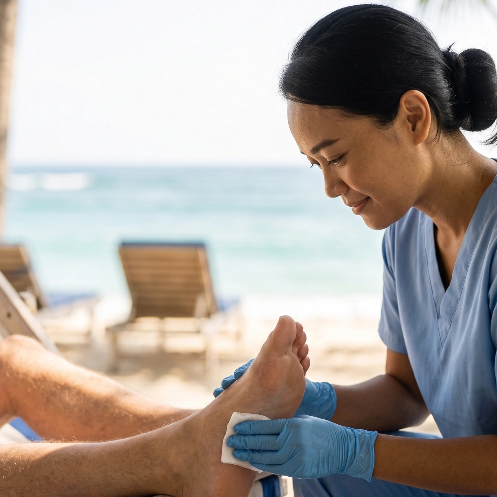 Doctor treating a coral scratch or marine cut in Bali