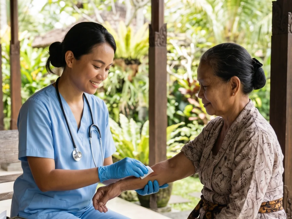 Doctor cleaning a patient's wound during a home visit in Bali