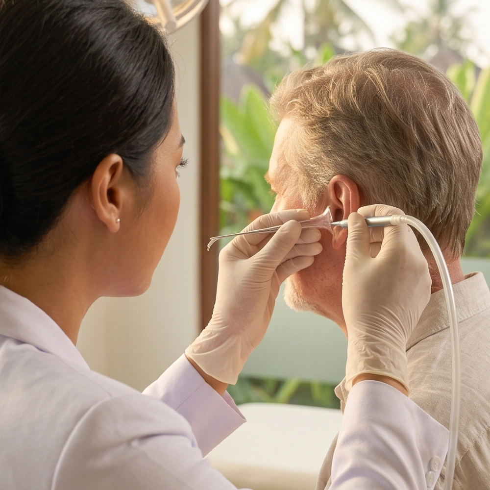 ENT specialist performing ear wax removal at a clinic in Bali
