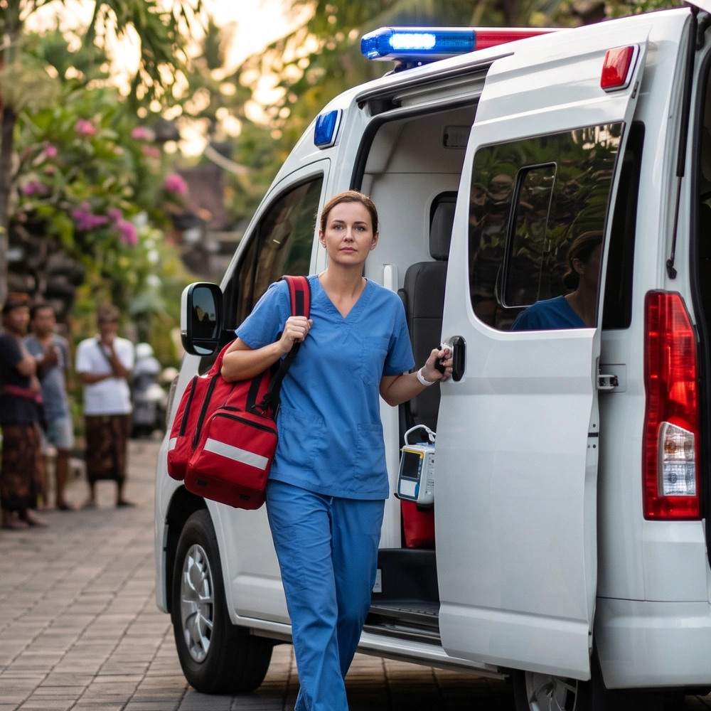 Emergency ambulance responding to a call in Bali