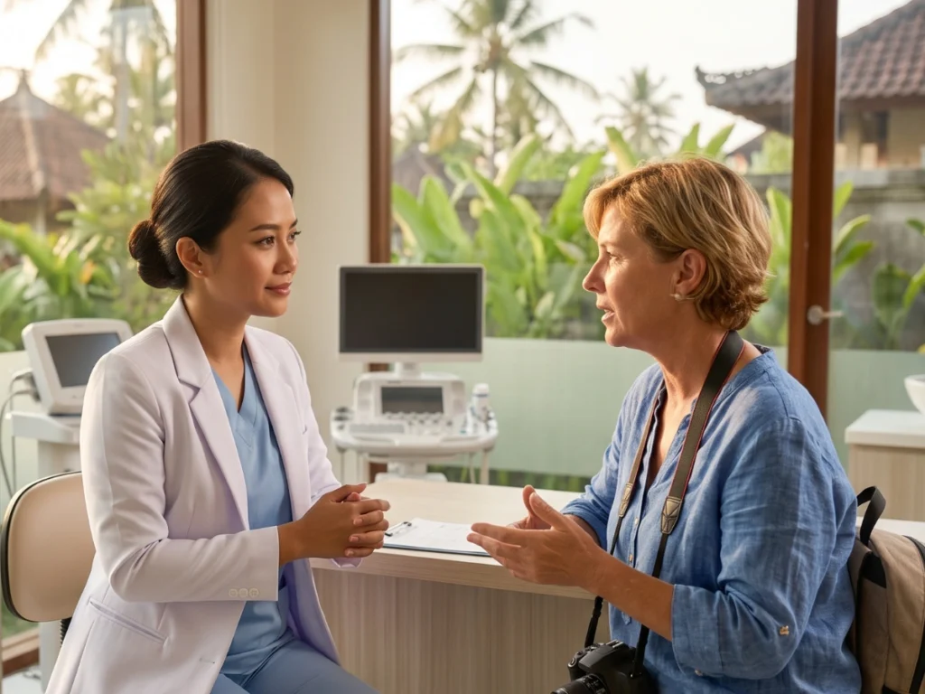 ENT specialist consulting a patient at a clinic in Bali