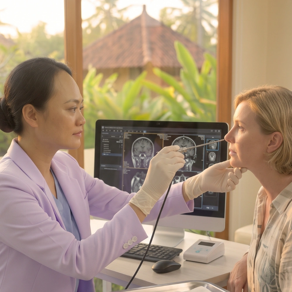 ENT specialist providing a prescription at a clinic in Bali