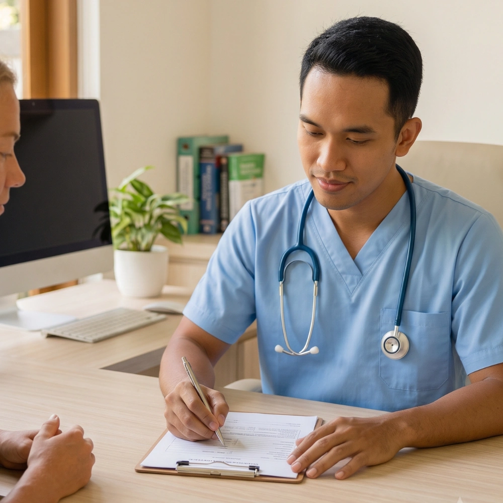 Doctor issuing a medical health certificate at a clinic in Bali