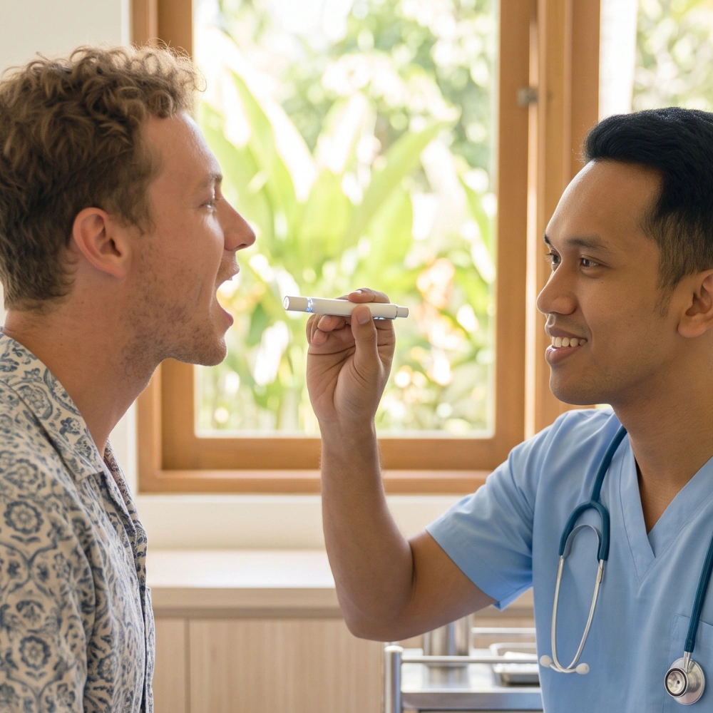 Doctor consulting a patient for a minor illness at a clinic in Bali