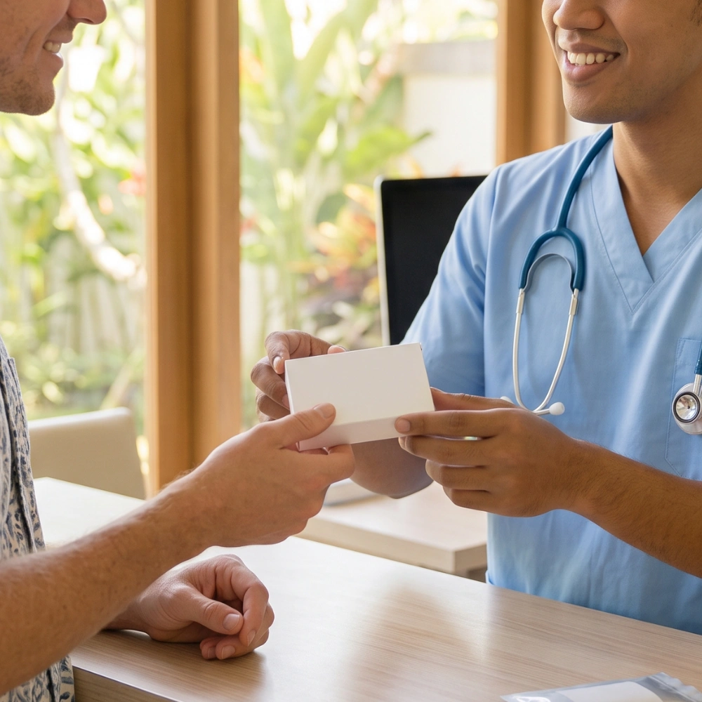 Doctor providing a prescription refill at a clinic in Bali