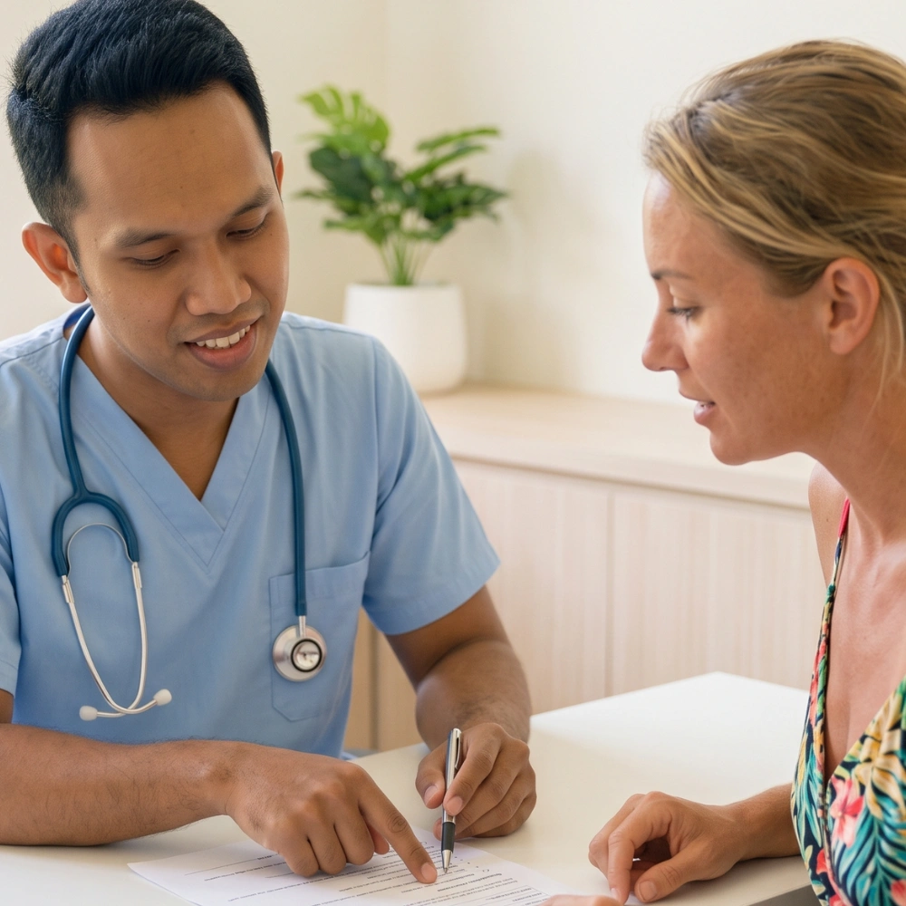 Doctor discussing a specialist referral with a patient at a clinic in Bali