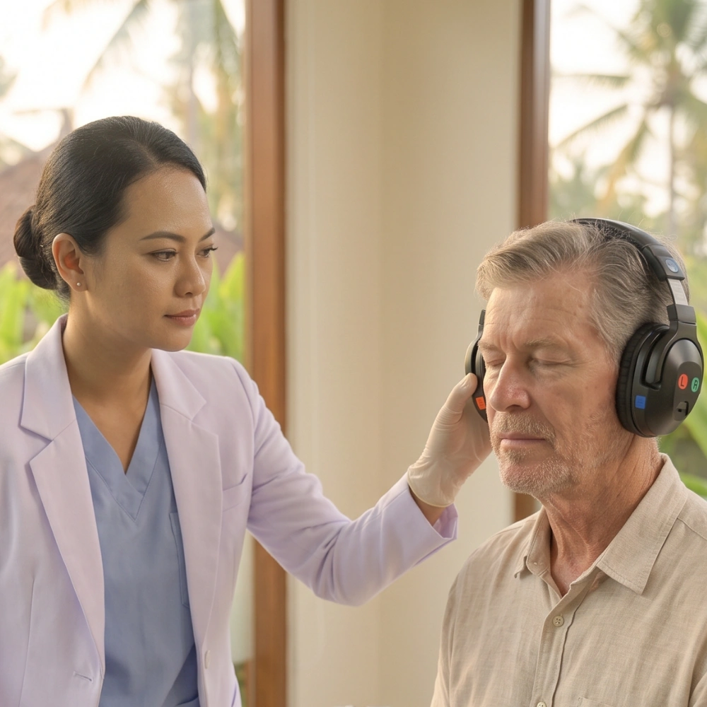ENT specialist conducting a hearing test at a clinic in Bali