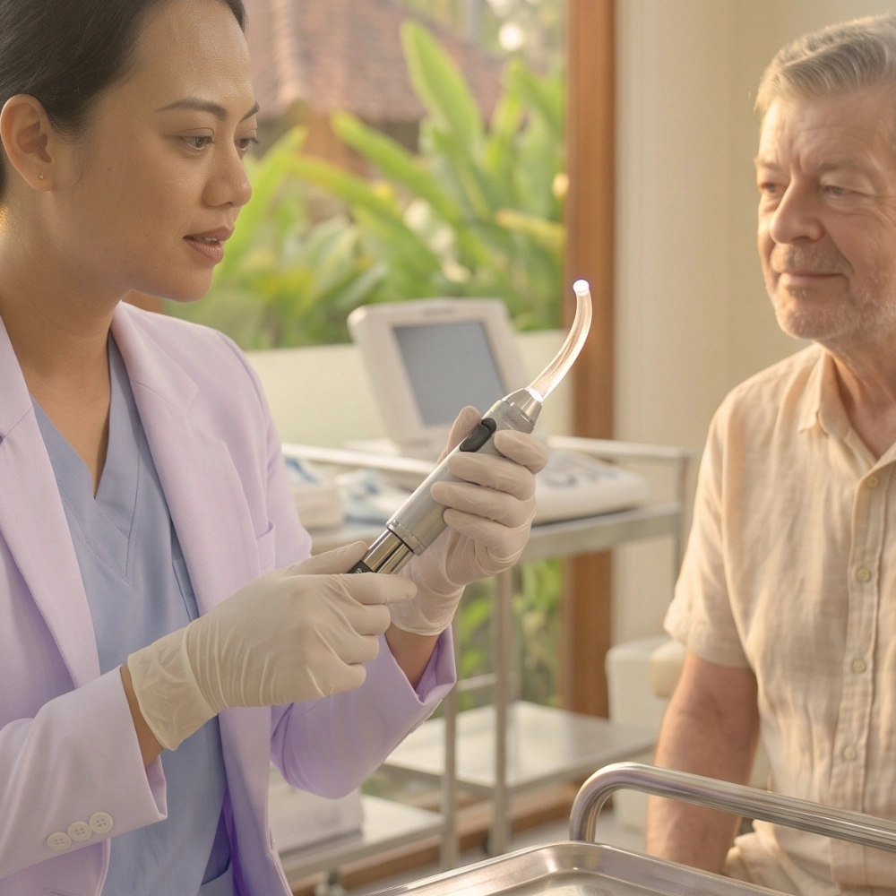 ENT specialist preparing for a laryngoscopy in Bali