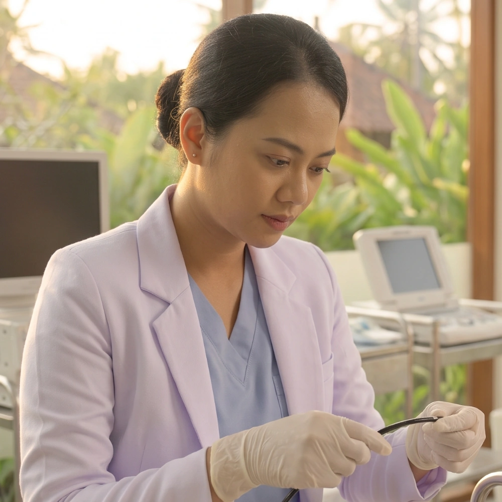ENT specialist preparing for a nasal endoscopy in Bali