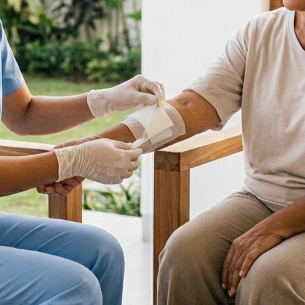 Doctor providing post-surgical and chronic wound follow-up care in Bali
