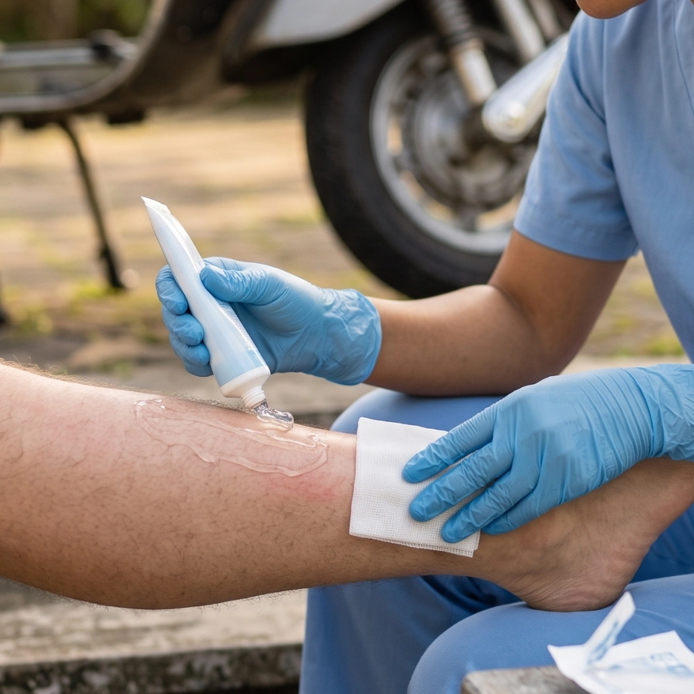 Doctor treating a scooter exhaust burn in Bali