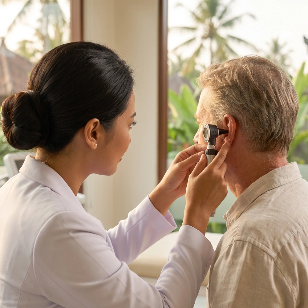 ENT specialist treating swimmer's ear at a clinic in Bali