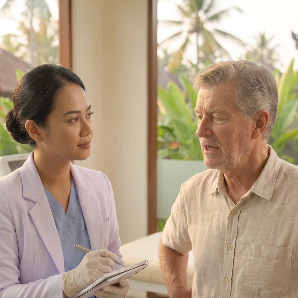ENT specialist assessing tinnitus at a clinic in Bali