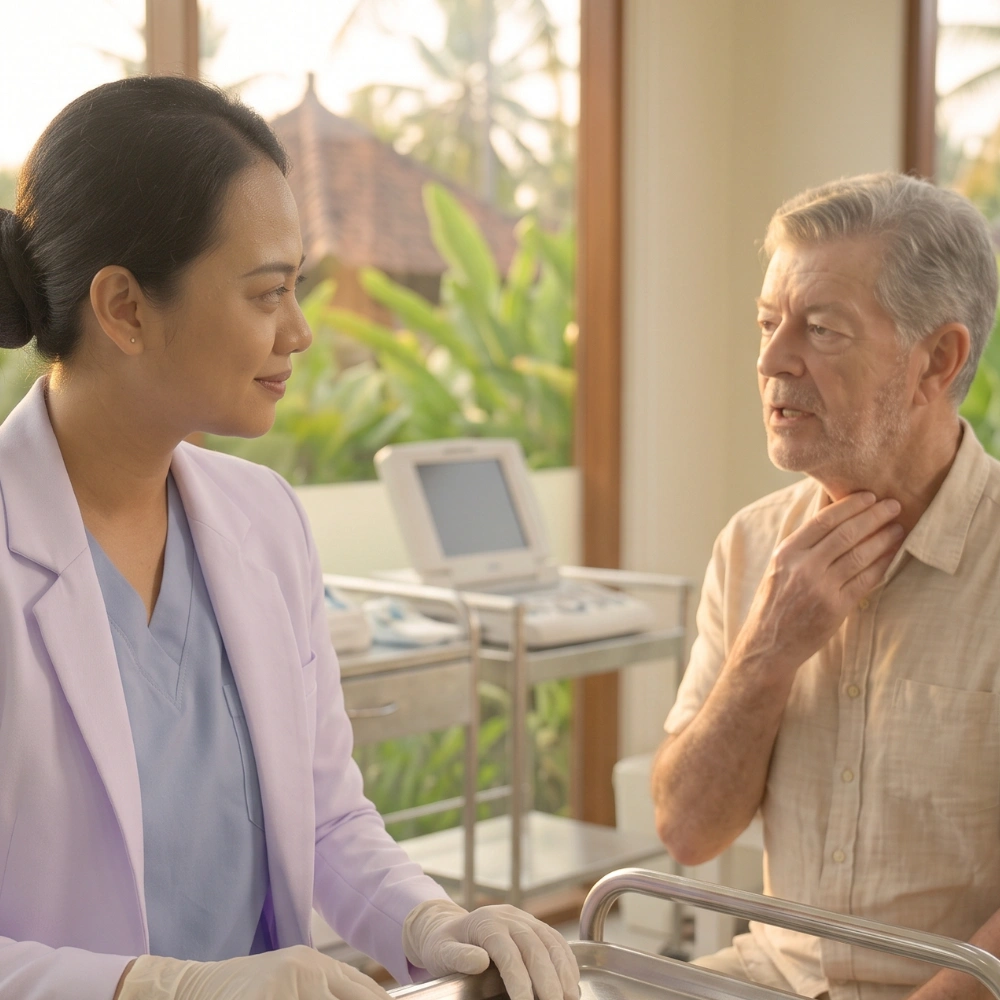 ENT specialist assessing a voice disorder at a clinic in Bali