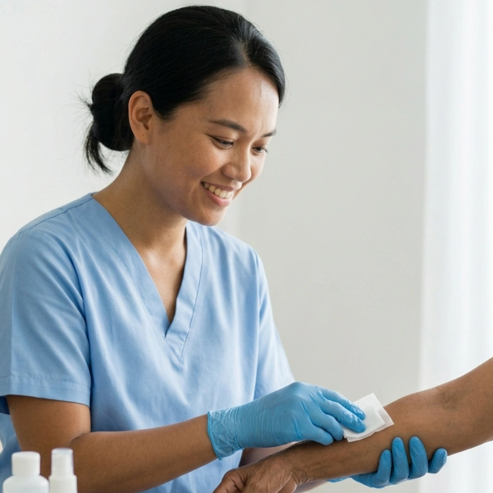 Doctor cleaning and treating a wound in Bali