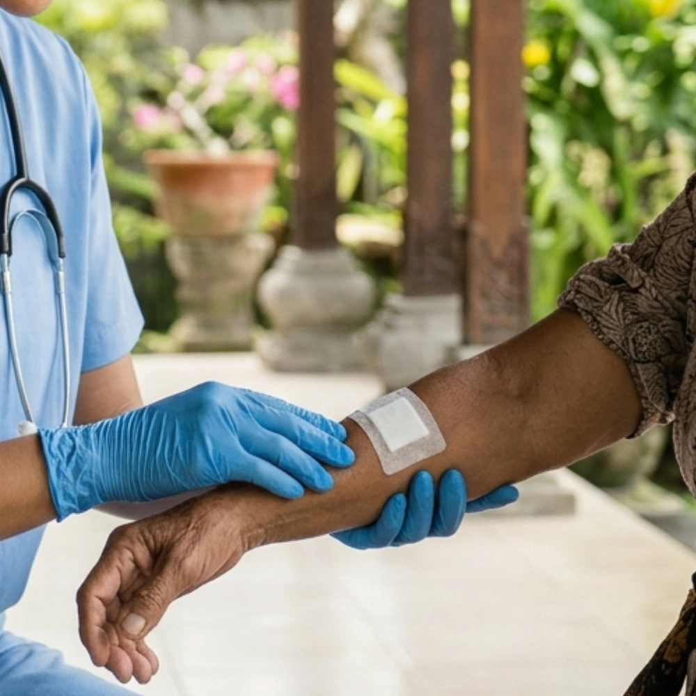 Doctor checking healing progress during a wound care follow-up in Bali