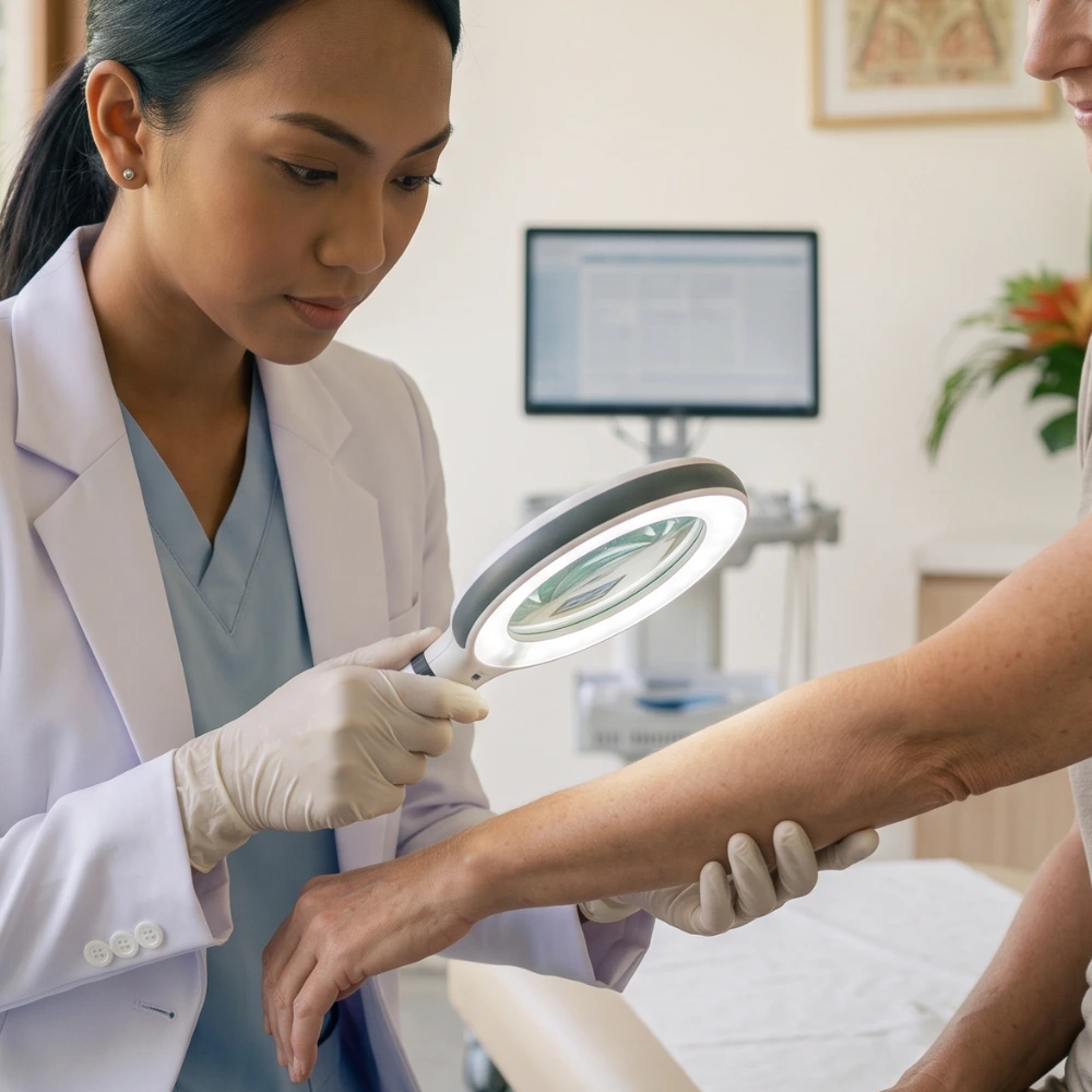 Dermatologist assessing acne and scarring at a clinic in Bali