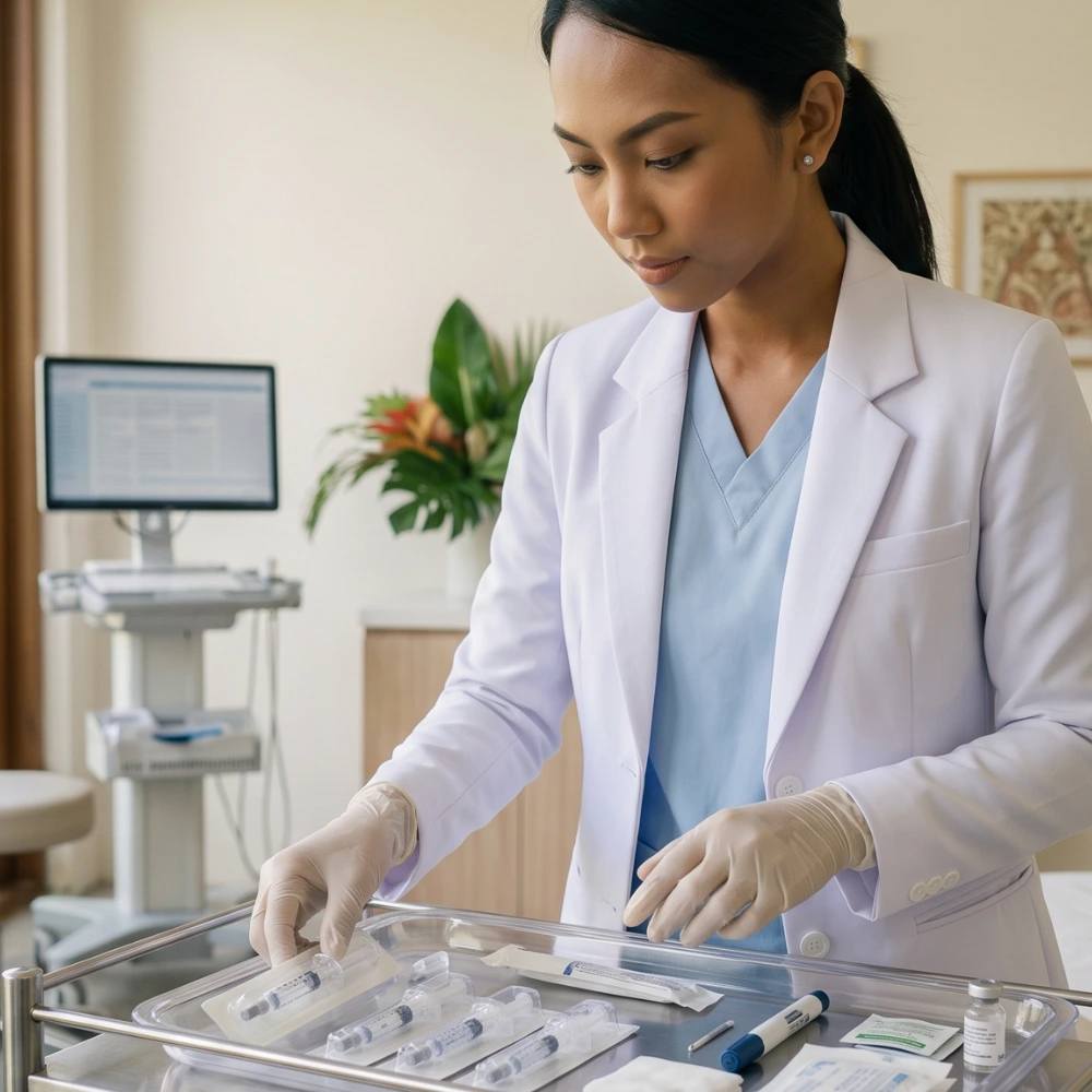 Dermatologist preparing an aesthetic treatment at a clinic in Bali