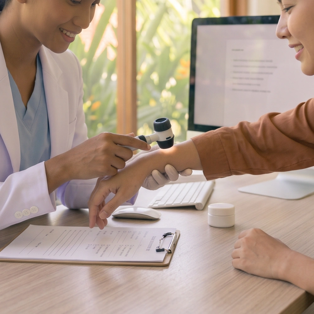 Dermatologist providing follow-up care at a clinic in Bali