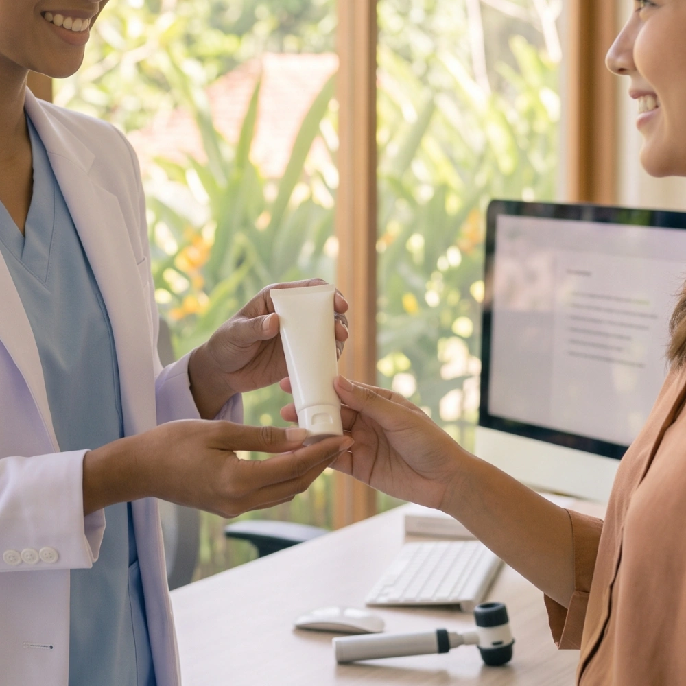 Dermatologist providing a prescription at a clinic in Bali