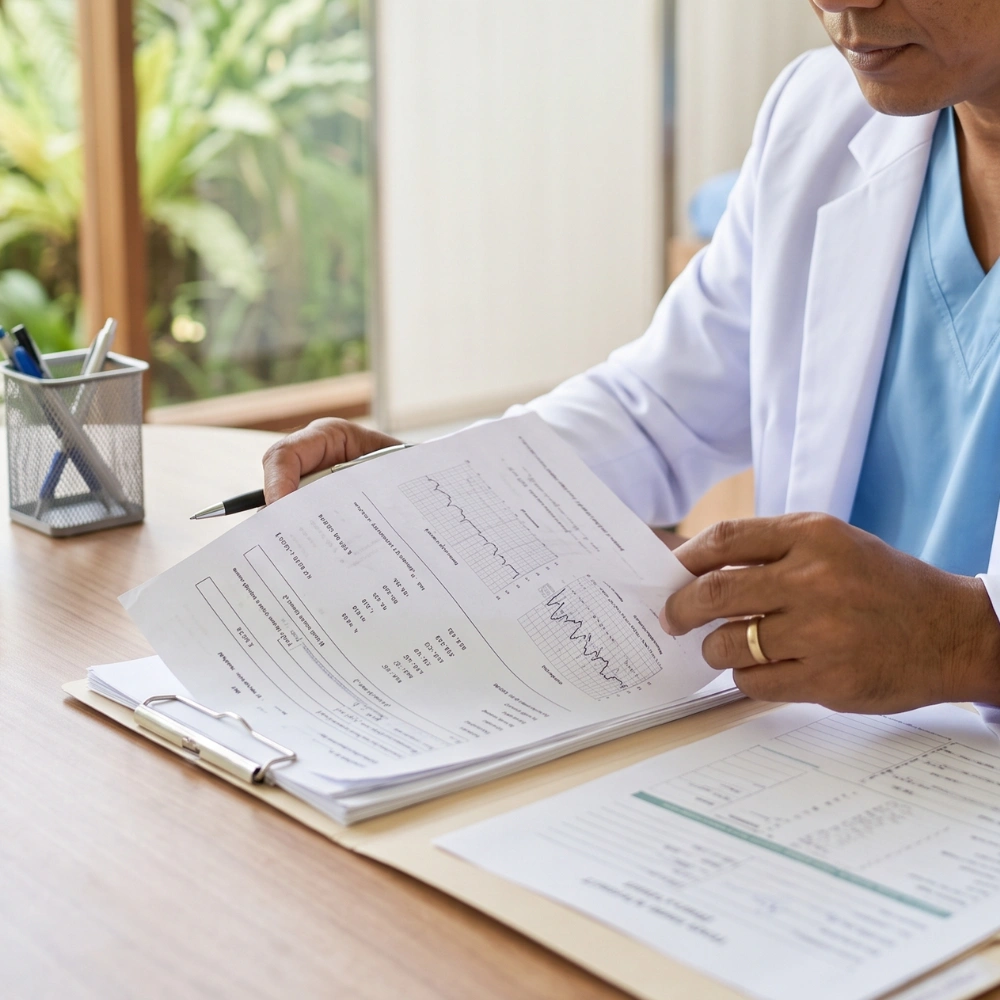 Internist conducting a diagnostic consultation at a clinic in Bali