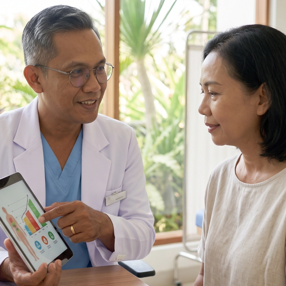 Internist discussing hypertension and cholesterol management in Bali