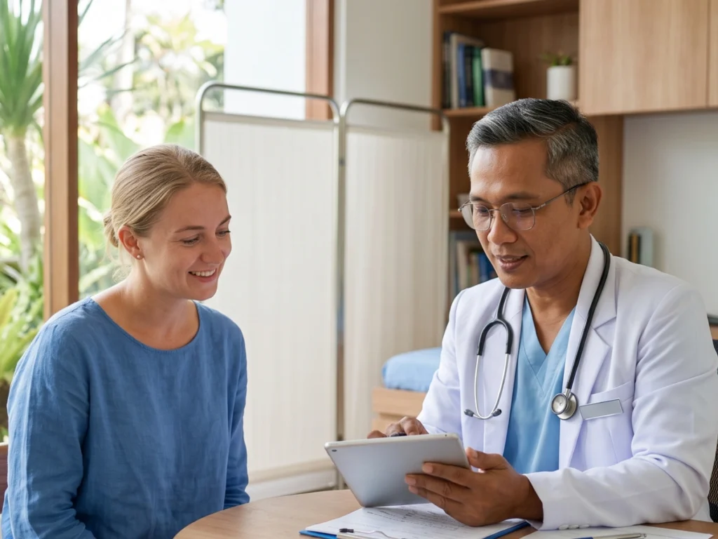Internist reviewing patient history at a clinic in Bali