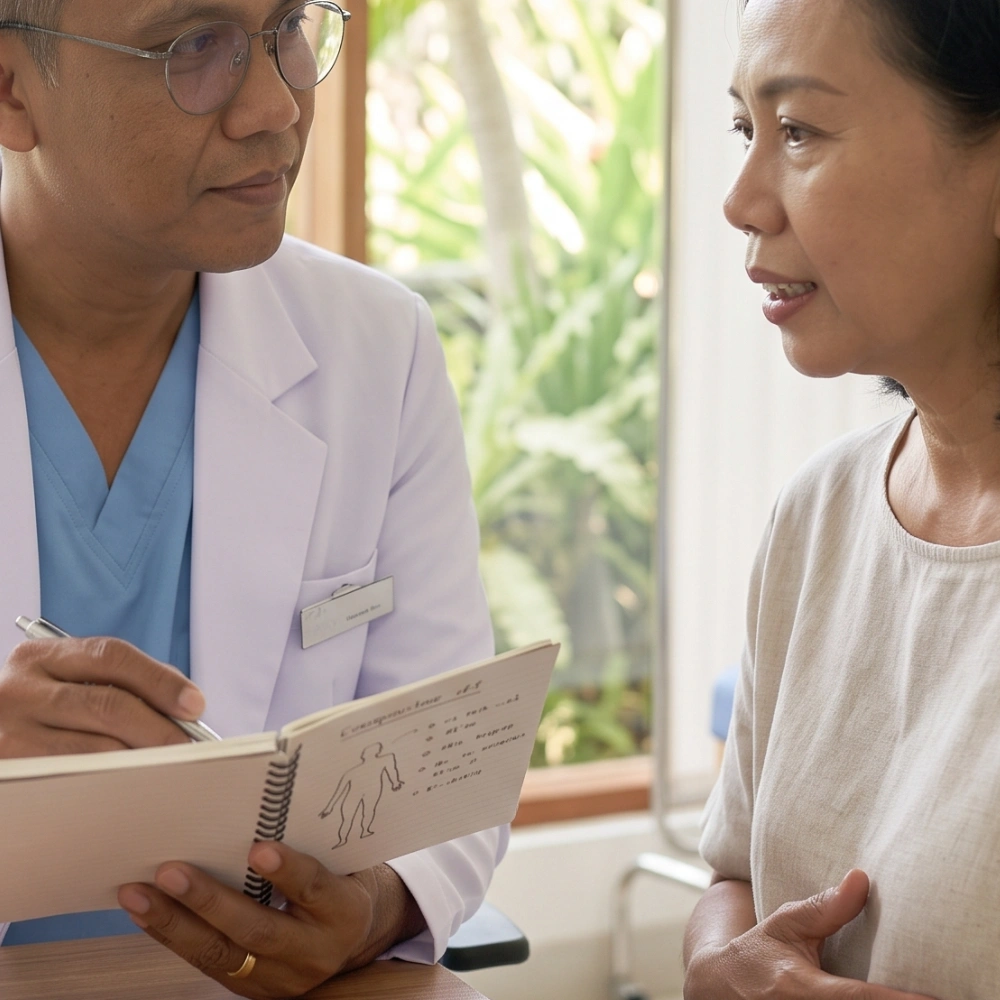 Internist conducting an in-depth health review at a clinic in Bali