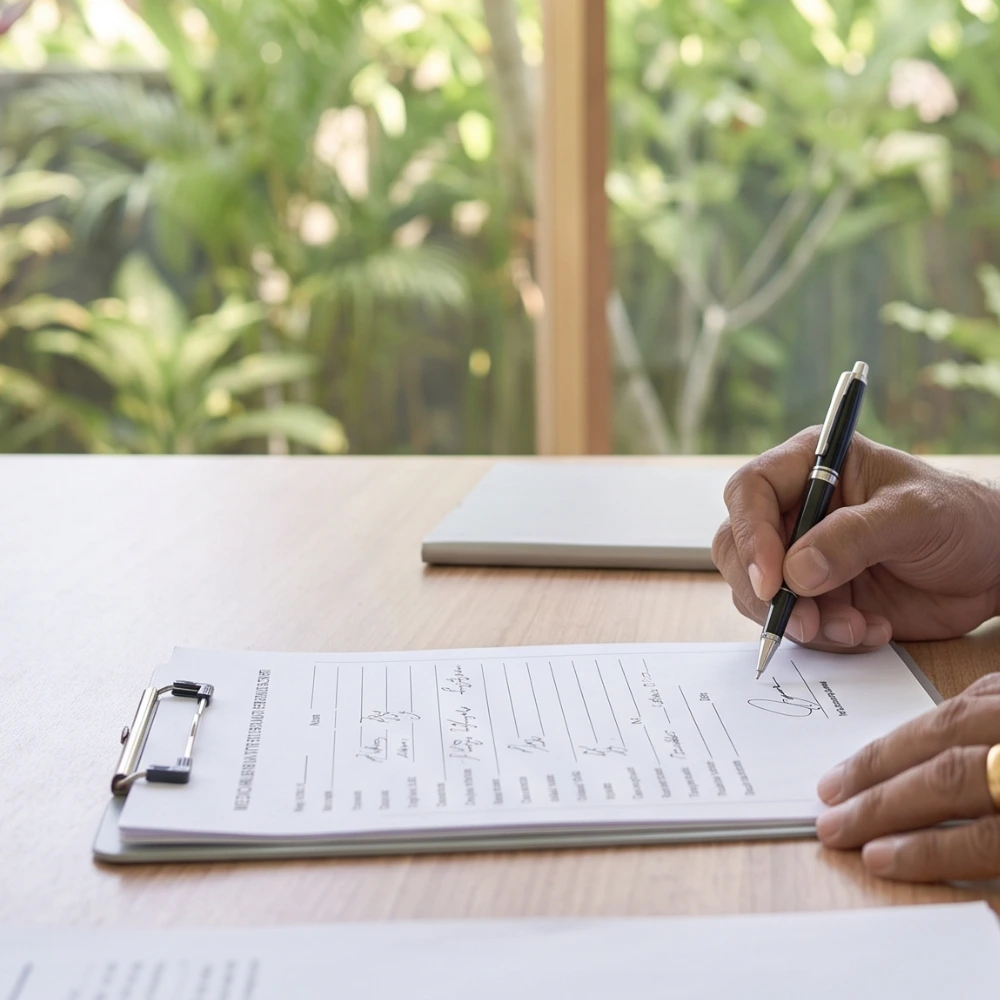 Internist completing medical documentation for insurance or visa in Bali