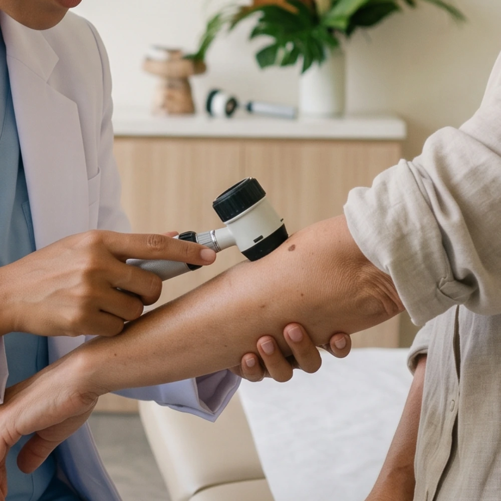 Doctor checking a patient's fever during a home visit in Bali