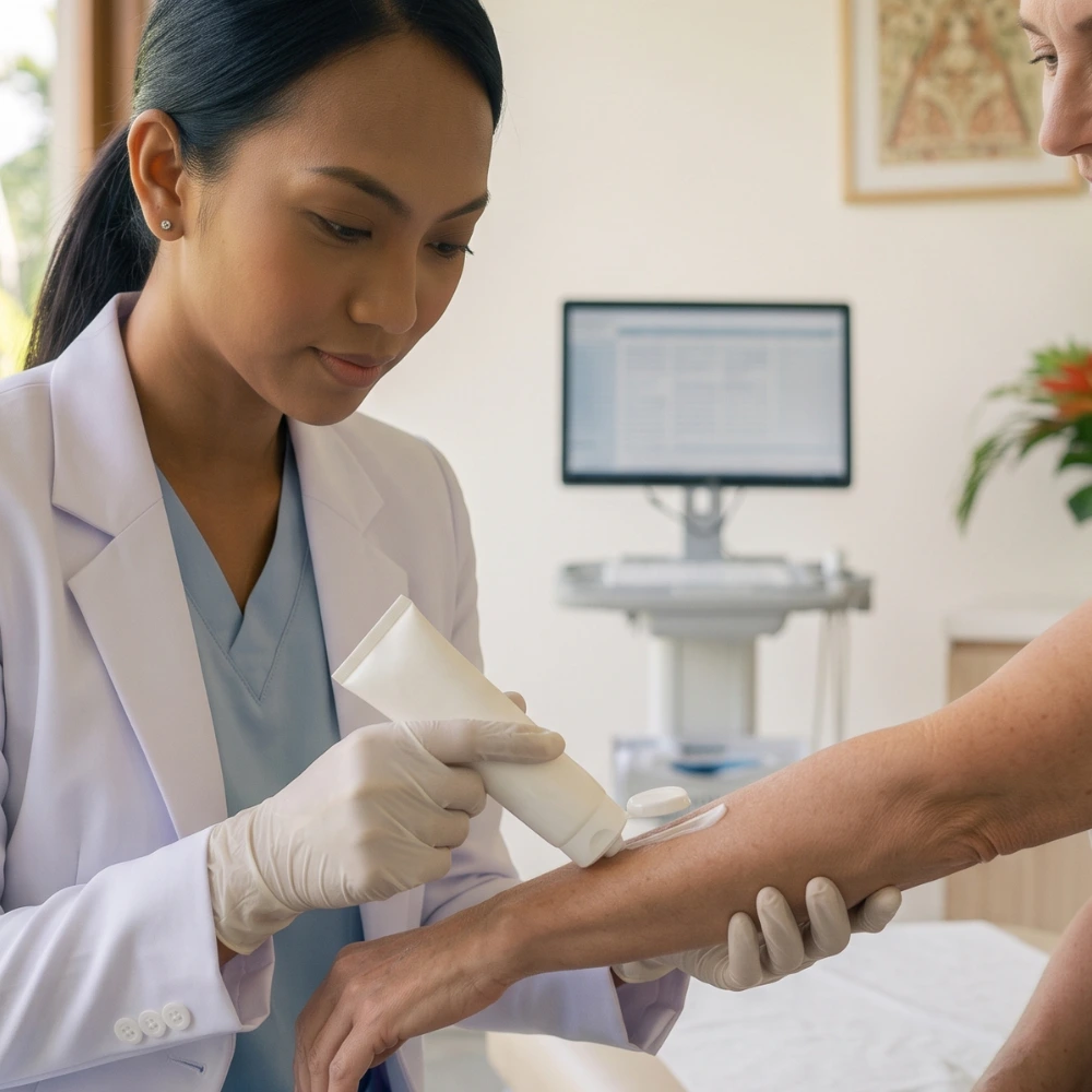 Dermatologist treating a tropical skin condition in Bali